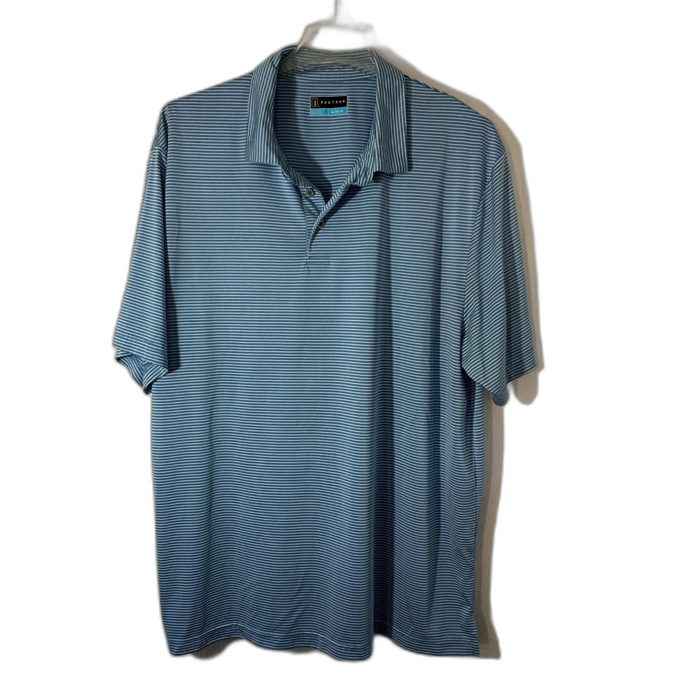 PGA Tour Short Sleeve Collared V-Neck Polo Golf Shirt Blue and White Striped